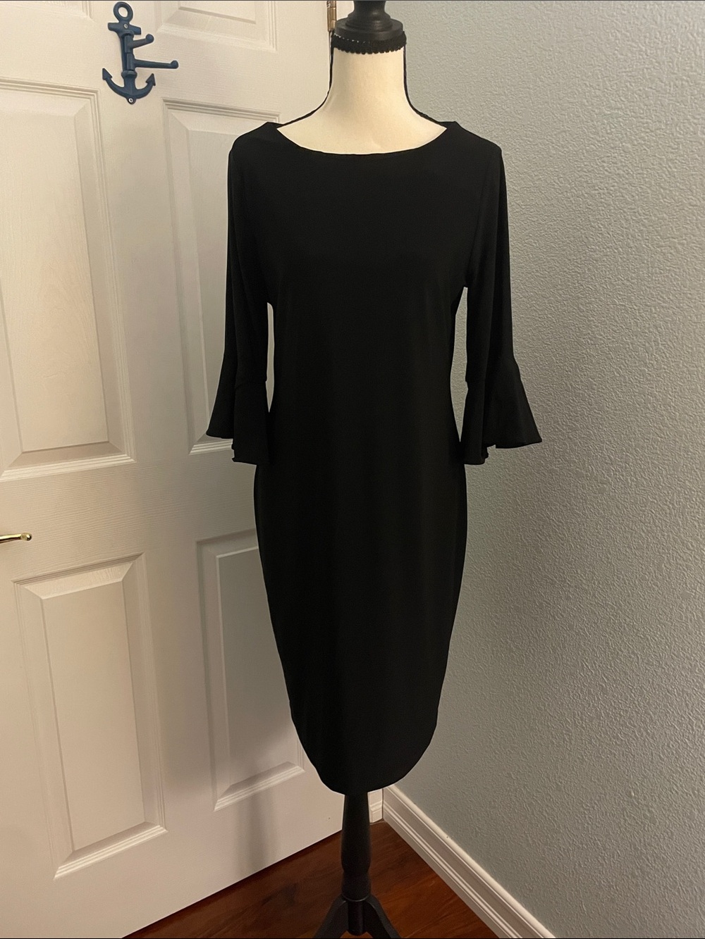 DKNY Black Long-Sleeve Sheath Dress with Ruffle Cuffs, size 10